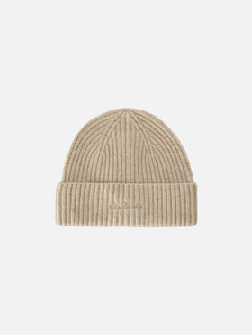 Berretto Moss beige in lana con ricamo logo