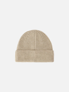 Berretto Moss beige in lana con ricamo logo