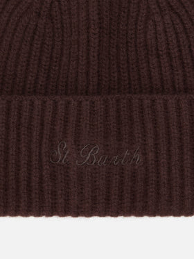 Berretto Moss in maglia marrone a coste con ricamo St. Barth