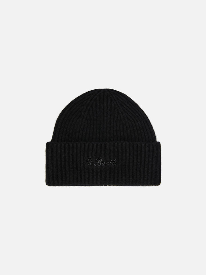 Moss Beanie in black ribbed knit with St. Barth embroidery