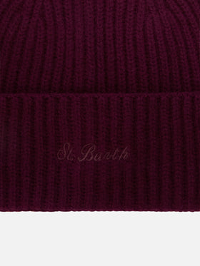 Berretto Moss melanzana in lana con ricamo logo