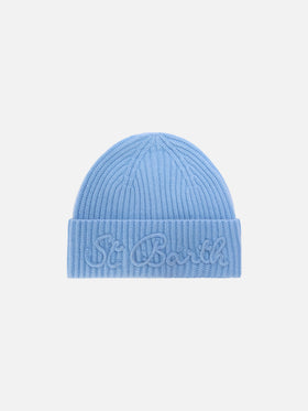 Berretto Moss azzurro in misto lana e alpaca con ricamo logo