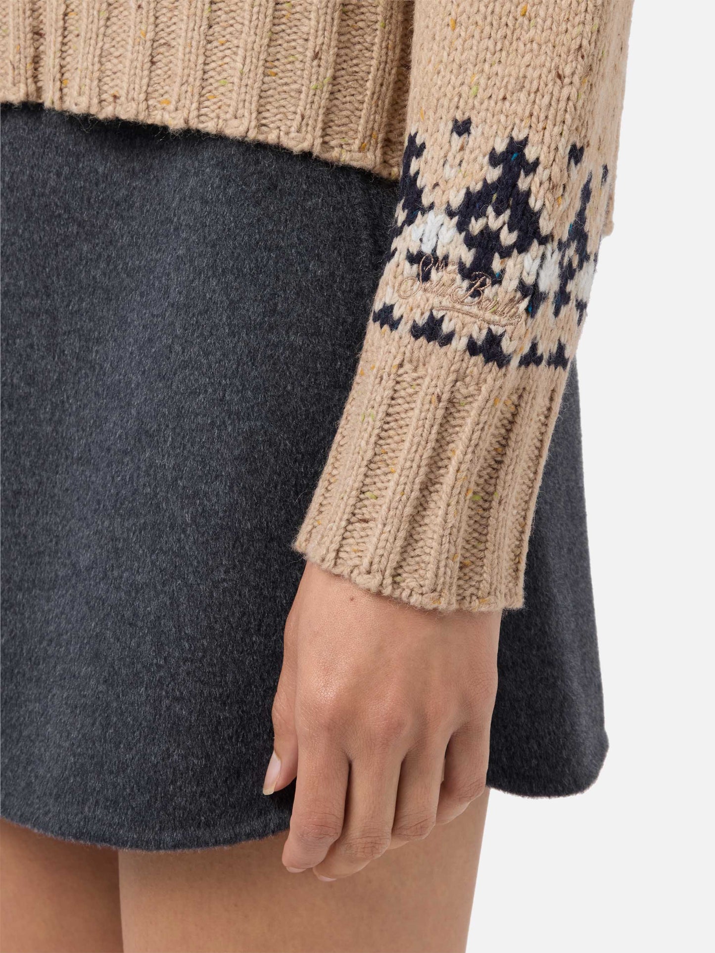 Beigefarbener Myra-Pullover aus Donegal-Wollmischung mit Fair-Isle-Jacquardmuster