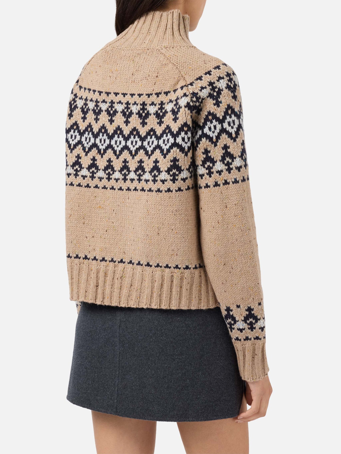 Beigefarbener Myra-Pullover aus Donegal-Wollmischung mit Fair-Isle-Jacquardmuster