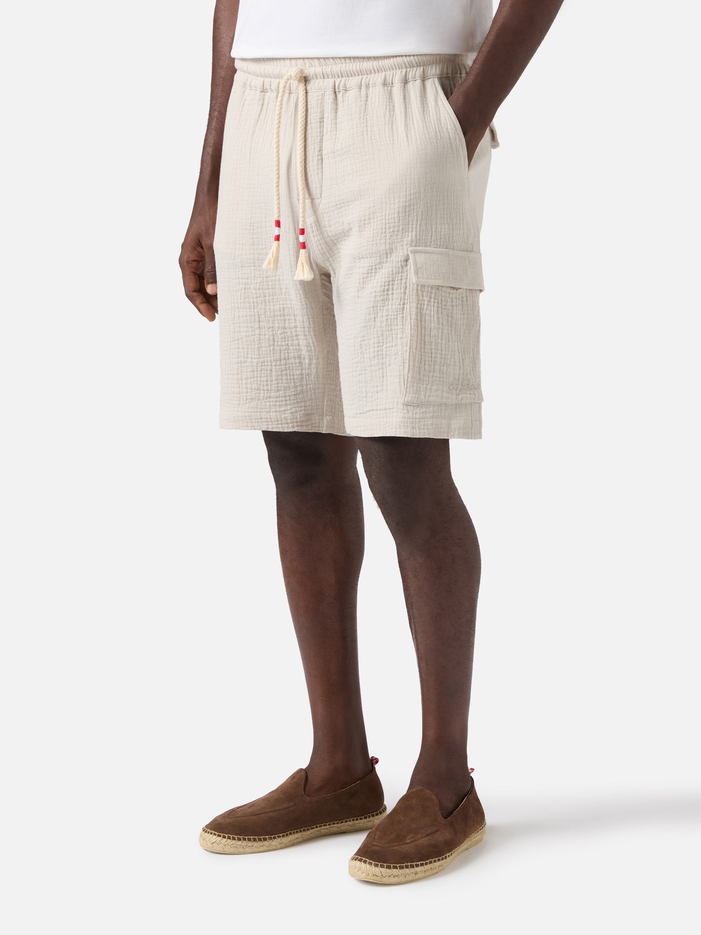 Short de bain bermuda Marseille en gaze de pur coton froissée soft beige 