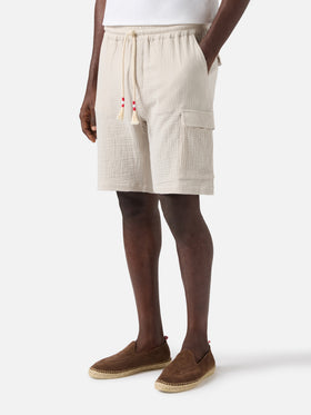 Short de bain bermuda Marseille en gaze de pur coton froissée soft beige 