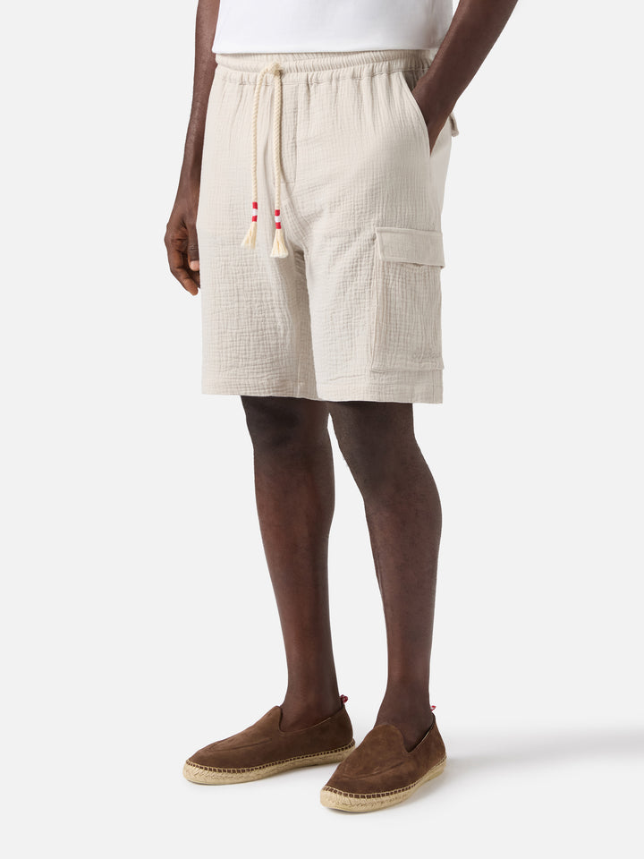 Marseille bermuda shorts in crinkled pure cotton gauze soft beige