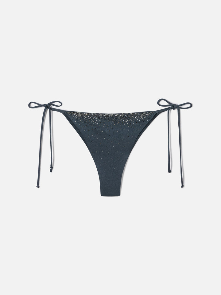 Braguita de bikini brasileña Marielle en tejido gris oscuro con acabado brillante y strass 