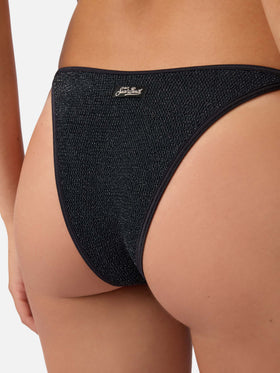 Braguita de bikini brasileña con tiras Marielle en tejido crinkle negro 