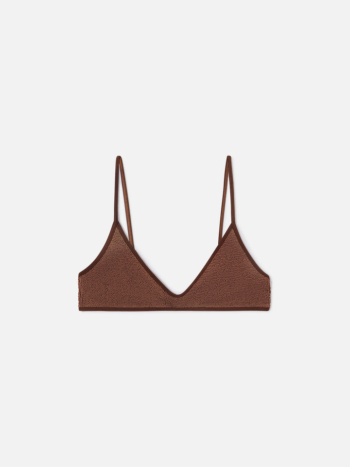 Paloma String bralette bikini top in brown crinkle fabric