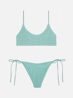 Klassische Crinkle-Badehose „Marielle“ aus Lurex in Salbeigrün – Bralette-Oberteil „Judy“ aus Lurex in Crinkle-Optik in Salbeigrün