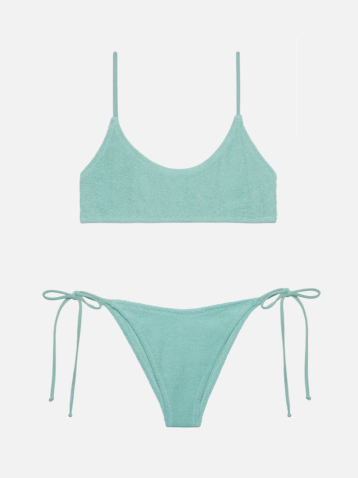 Klassische Crinkle-Badehose „Marielle“ aus Lurex in Salbeigrün – Bralette-Oberteil „Judy“ aus Lurex in Crinkle-Optik in Salbeigrün