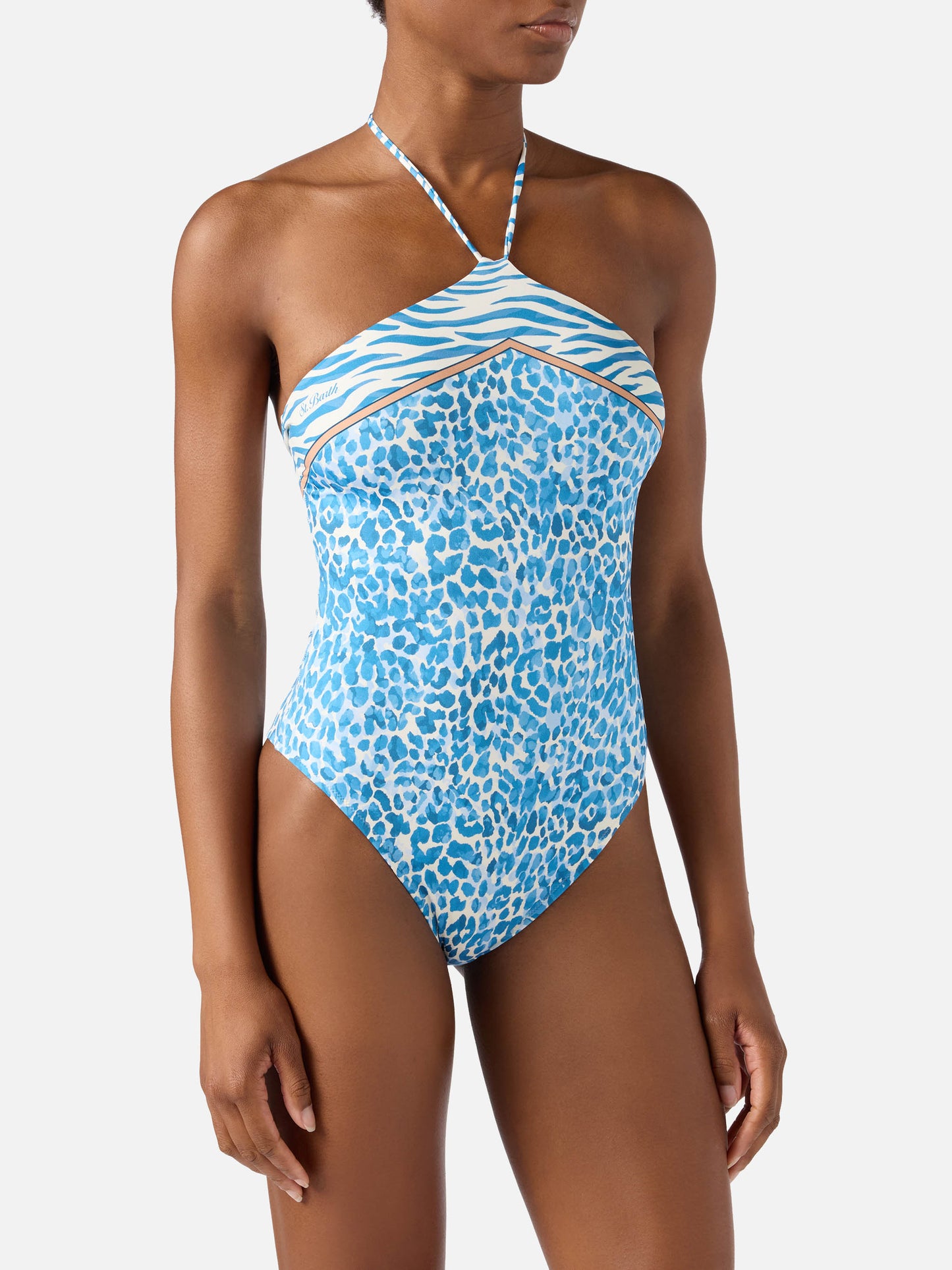 Maillot de bain une pièce Meryem à imprimé animalier léopard bleu clair 