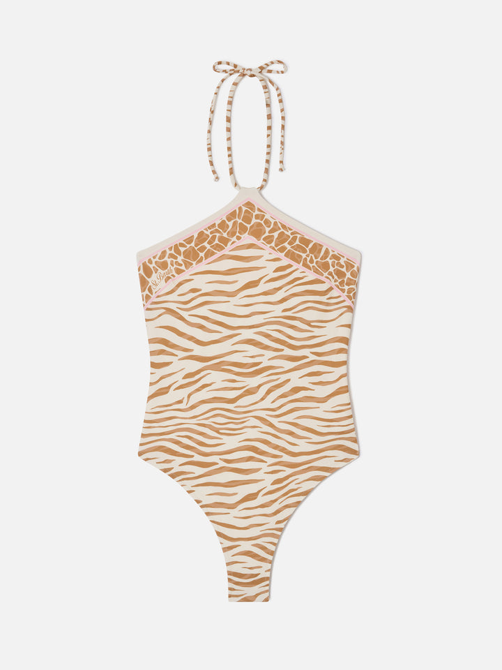 Costume intero Meryem con stampa animalier zebrata marrone
