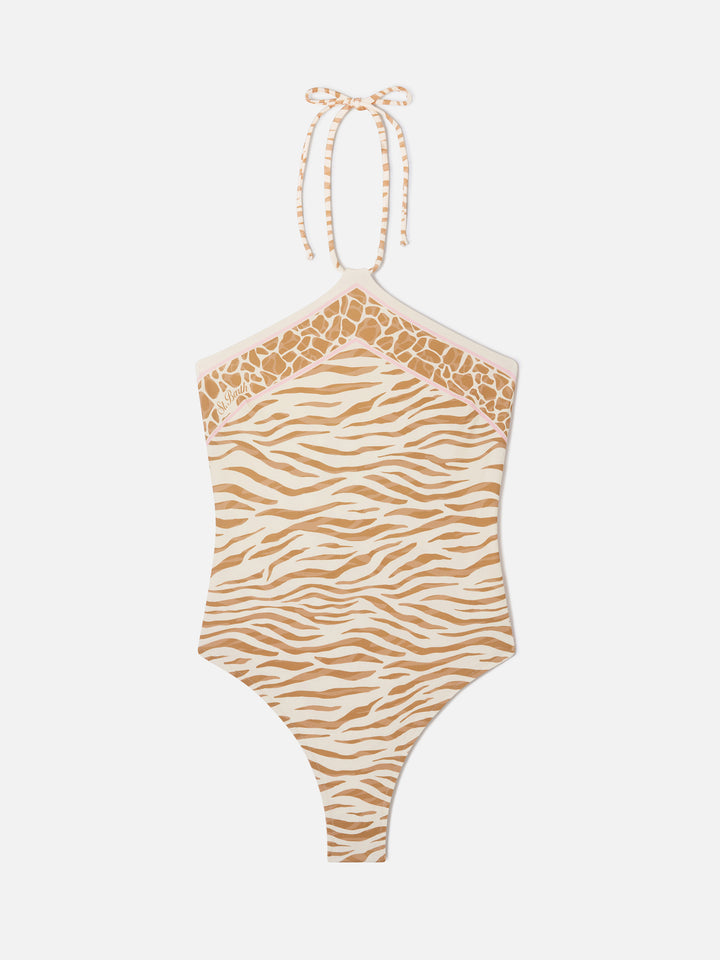Meryem one-piece swimsuit with brown zebra animal print