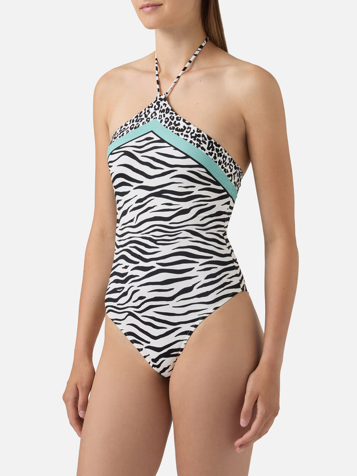 Costume intero Meryem con stampa animalier zebrata nera