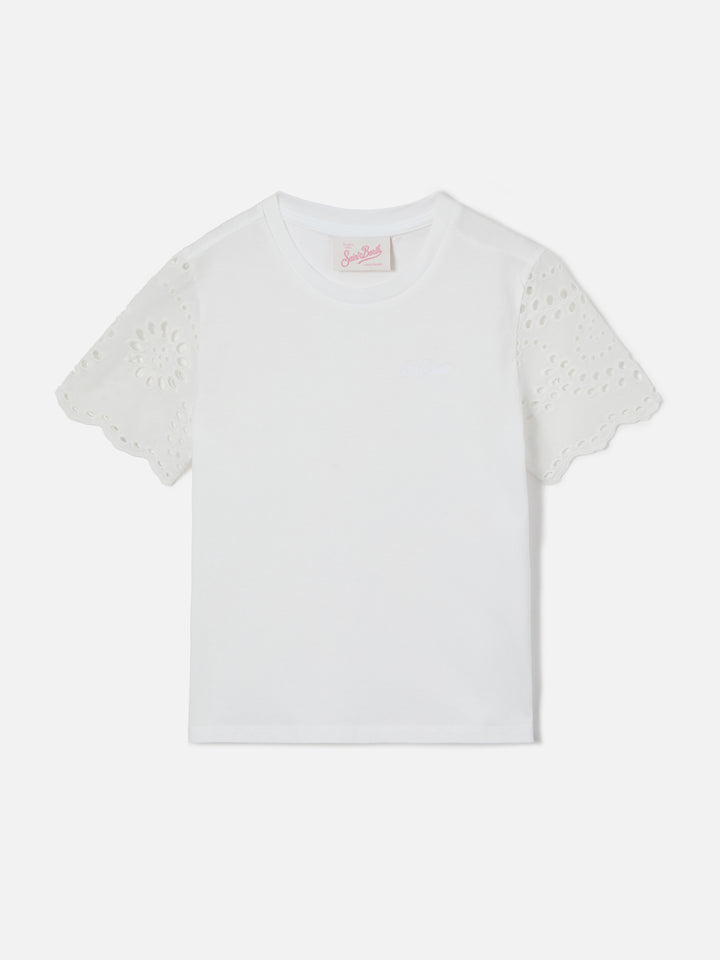 Maisa Jr T-shirt in white organic cotton with broderie sleeves