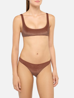 Naomi – Freche Badehose aus kamelbraunem Samt – Naima – Klassisches Bralette-Oberteil aus kamelbraunem Samt