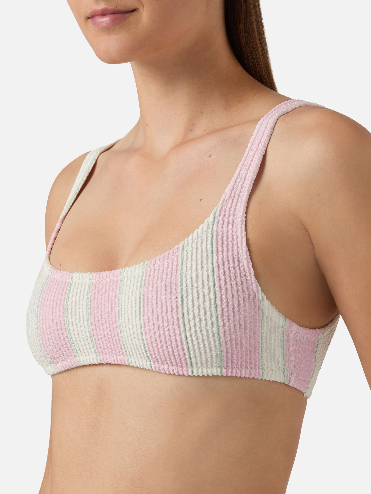 Haut de bikini brassière Naima en tissu gaufré rayé rose 