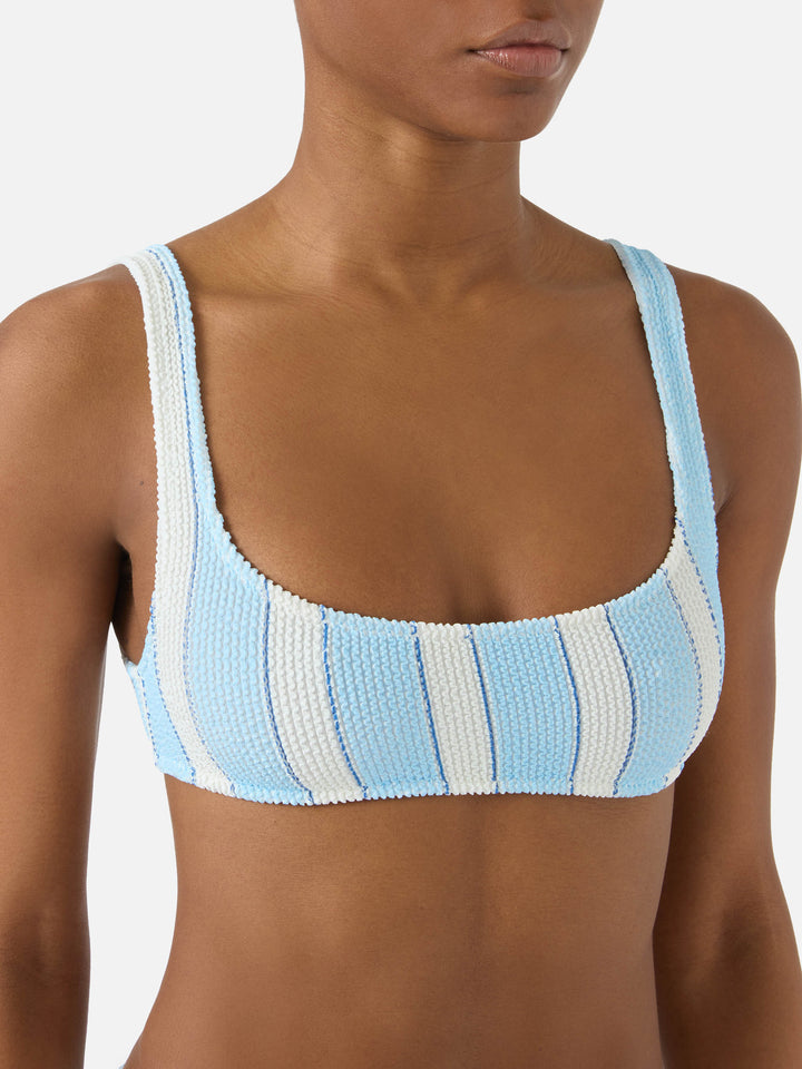 Naima bralette bikini top in light blue striped crinkle fabric