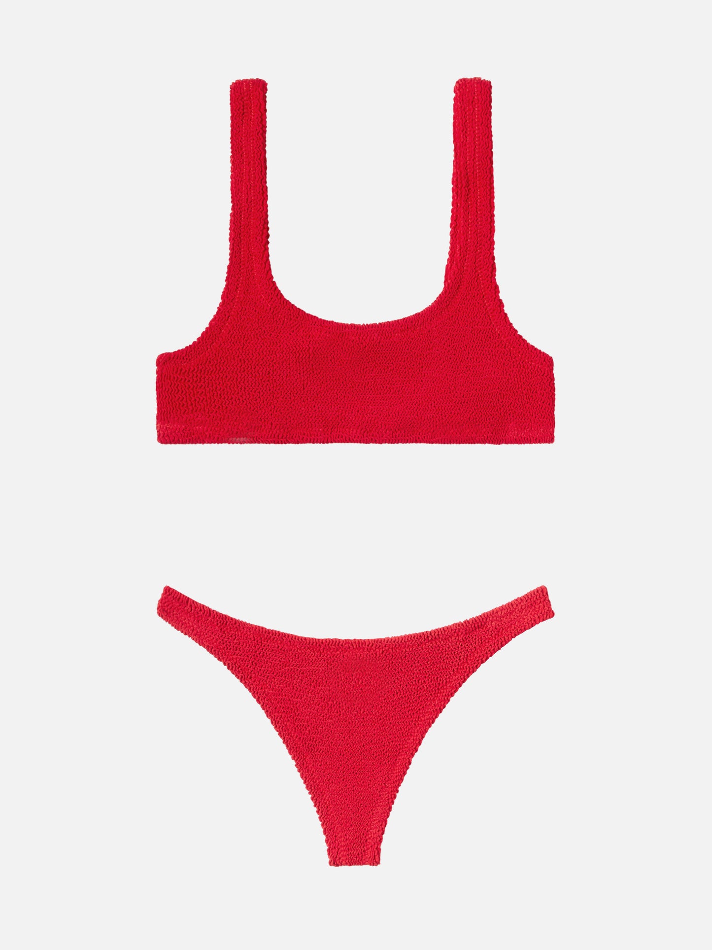 Naomi, roter Crinkle-Badeslip, frech – Naima, rotes Crinkle-Bralette-Oberteil, klassisch