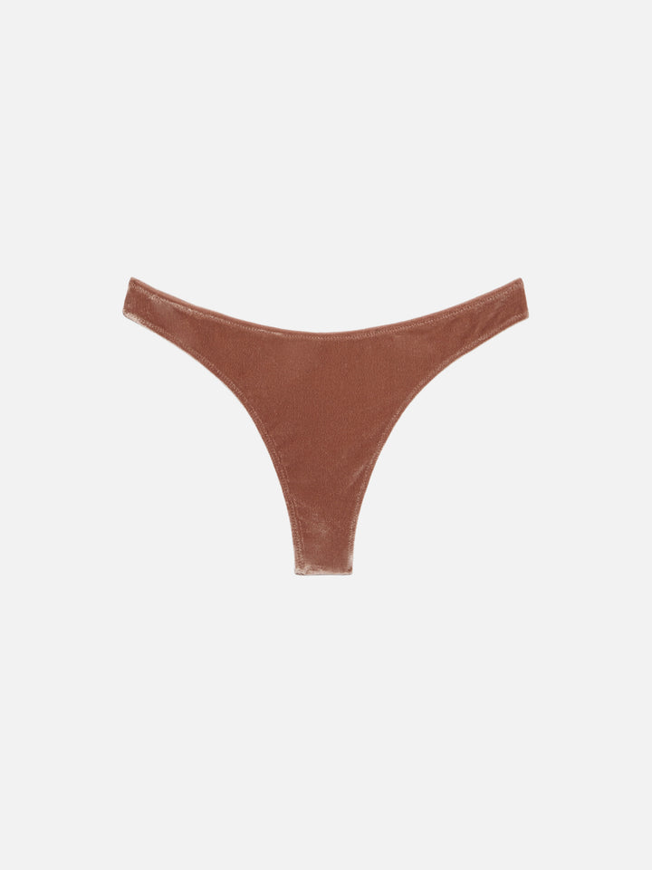Naomi – Freche Badehose aus kamelbraunem Samt – Naima – Klassisches Bralette-Oberteil aus kamelbraunem Samt