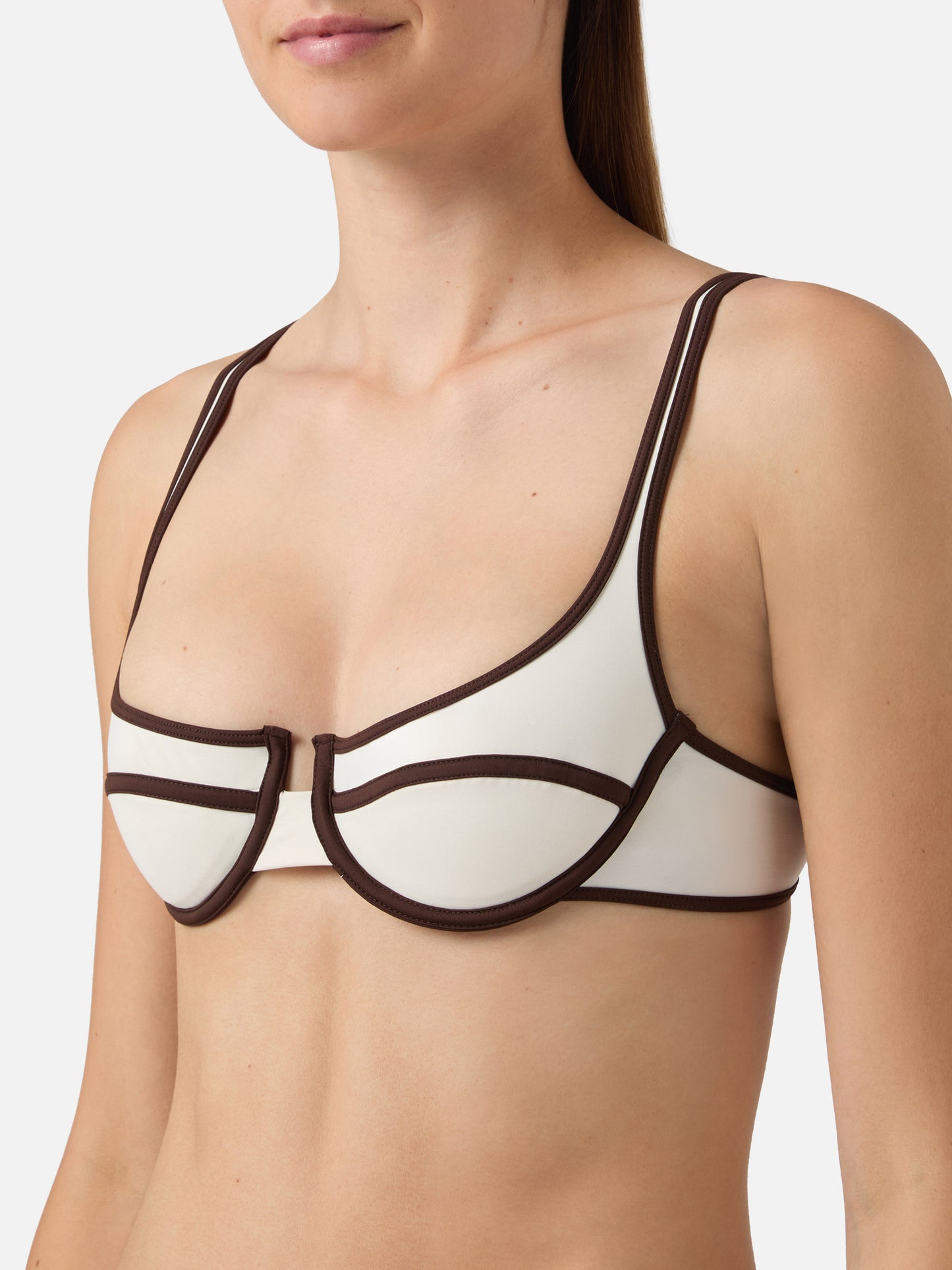 Top bikini Amira String balconette panna con profili marroni