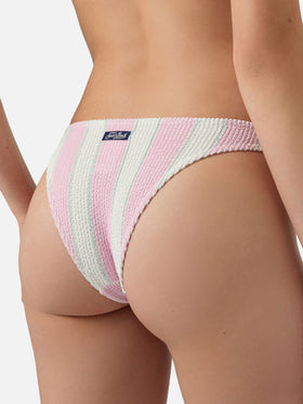 Bas de bikini Elise Classic en tissu gaufré rayé rose et blanc 