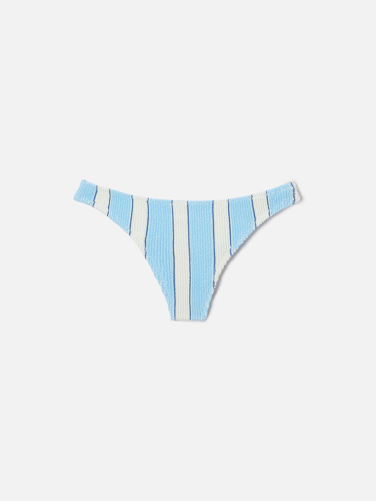 Naomi brazilian bikini bottoms in light blue and white striped crinkle fabric