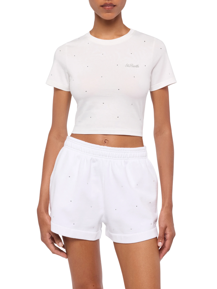 White cotton Nives T-shirt with all-over rhinestones