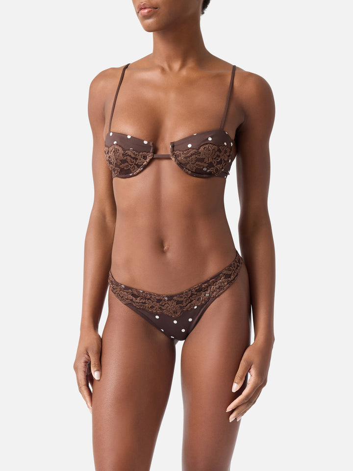 Bikini triangle en dentelle Nalina marron à pois 