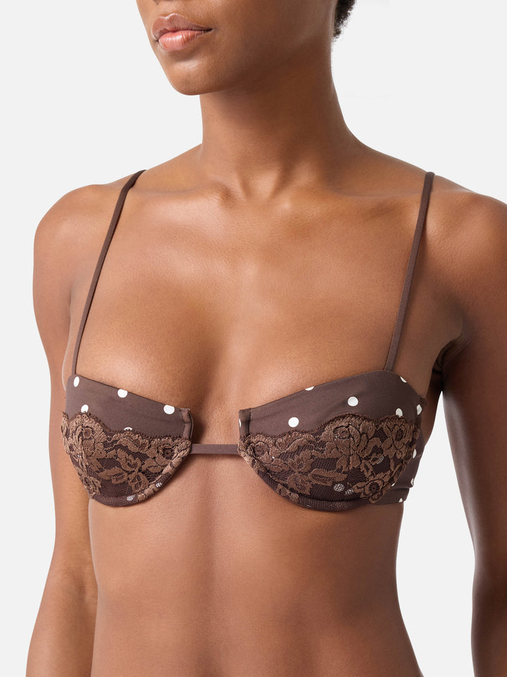 Bikini triangle en dentelle Nalina marron à pois 