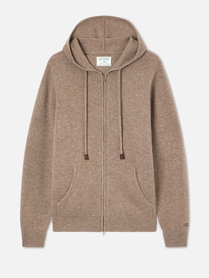Maille à capuche Beige Notting en laine d'agneau avec fermeture zippée intégrale 
