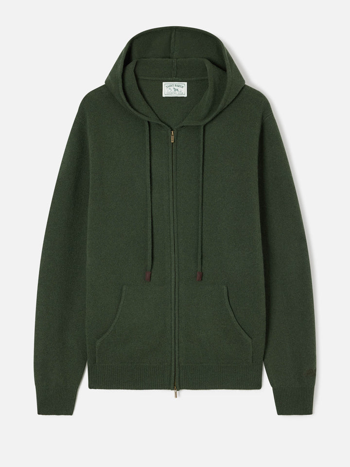 Maglia Notting verde militare in lambswool con cappuccio e zip intera