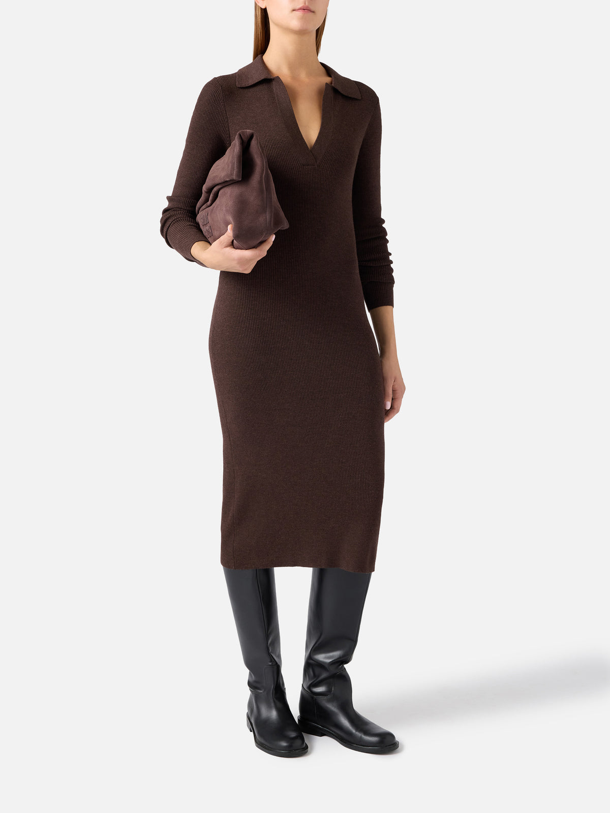 Abito lungo in maglia Octavia marrone in misto lana merino
