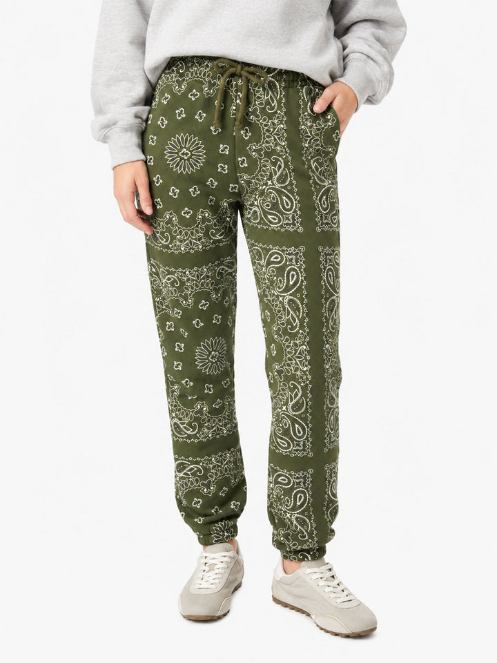 Pantalon en molleton de coton Odalys avec imprimé bandana vert 