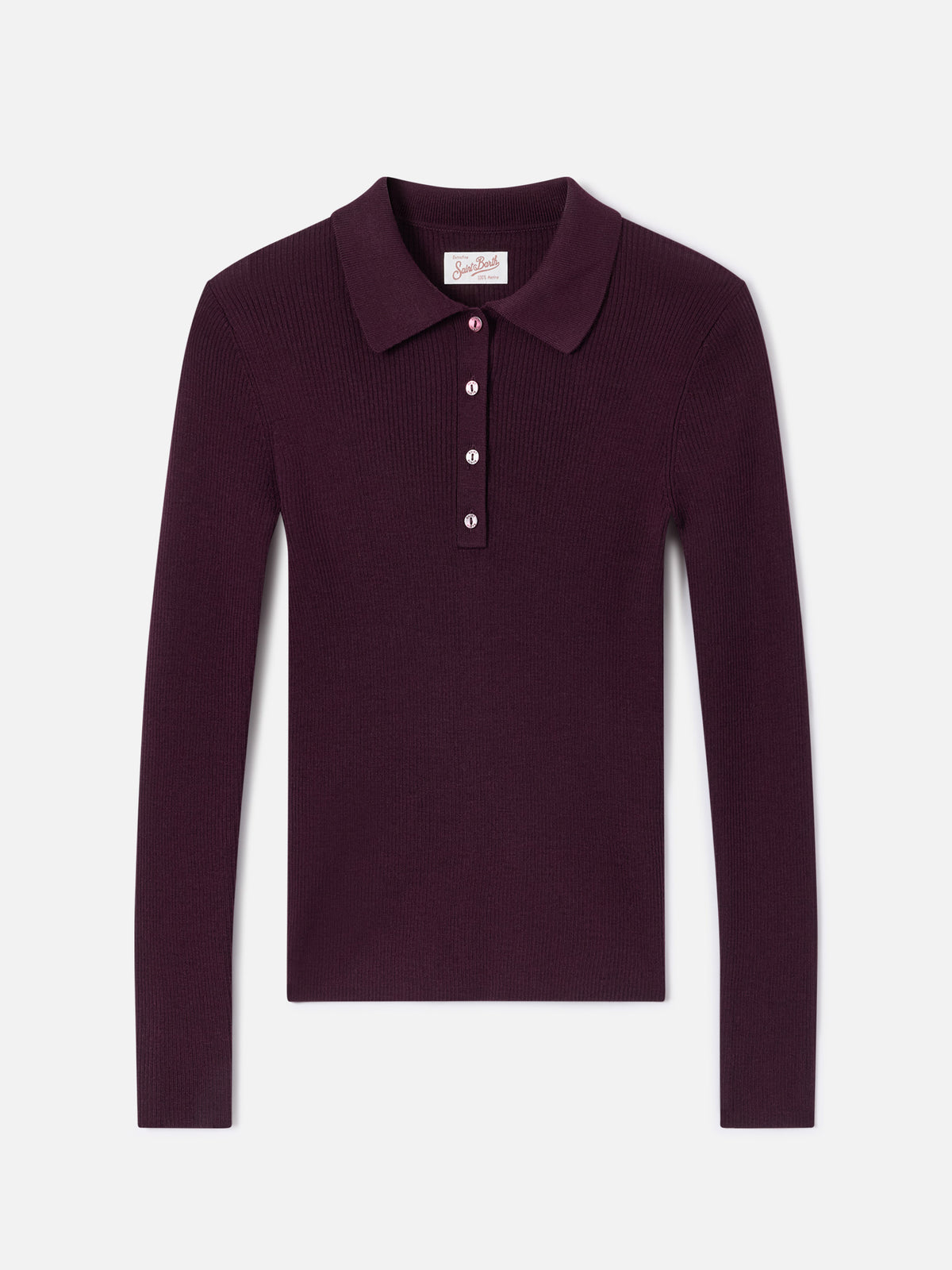 Aubergine Odell Strickoberteil aus Merinowolle mit Polokragen 
