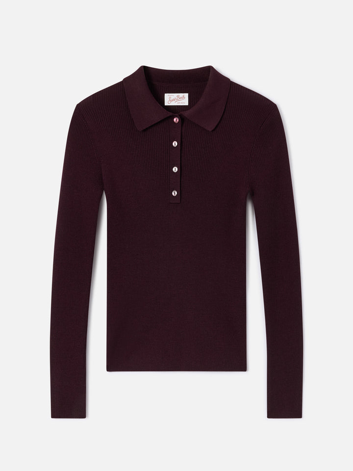 Maglia Odell melanzana in lana merino con collo polo