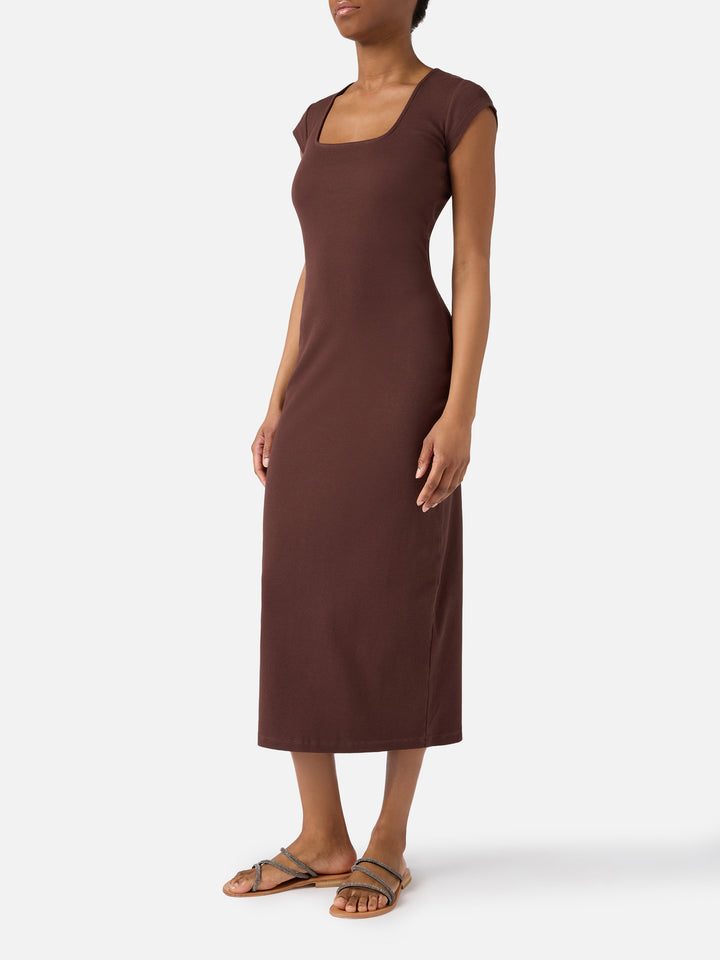Long Olimpia dress in brown ribbed stretch cotton fabric