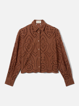 Camisa cropped Oriane de algodón sangallo en marrón 