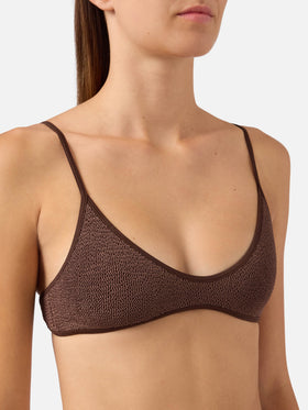 Haut de bikini brassière à ficelles Paloma en tissu gaufré marron 