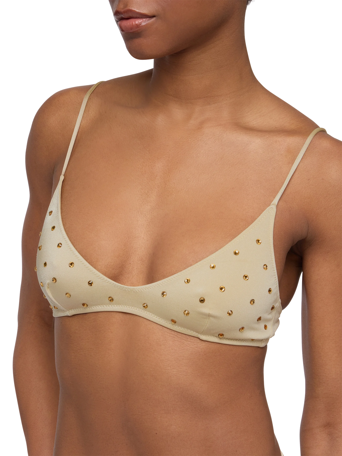 Naomi goldener frecher Badeslip mit großer Strassverzierung - Paloma goldener Scoop-Bralette mit Strassverzierung