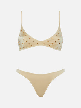 Naomi goldener frecher Badeslip mit großer Strassverzierung - Paloma goldener Scoop-Bralette mit Strassverzierung