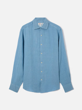 Camicia Pamplona in lino azzurro polvere tinta unita