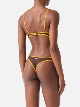 Bikini Panamy String marrone con bordi gialli a contrasto