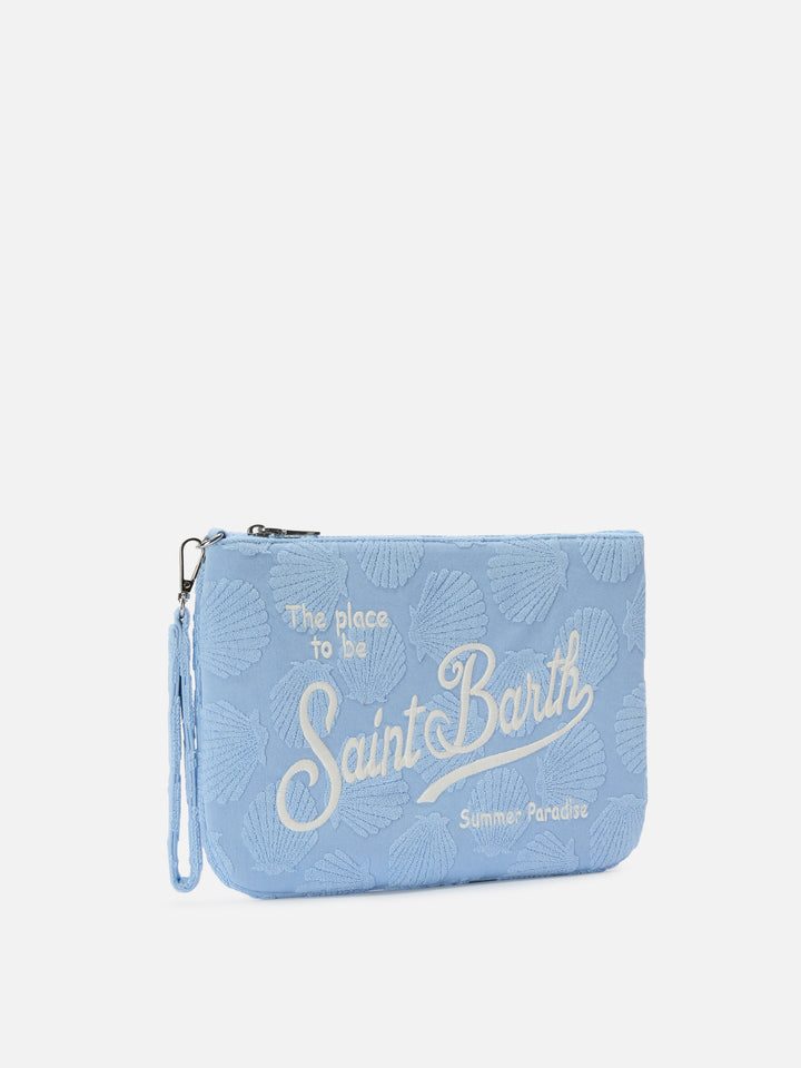Parisienne Sponge terry-effect pouch with embossed shell pattern and removable strap