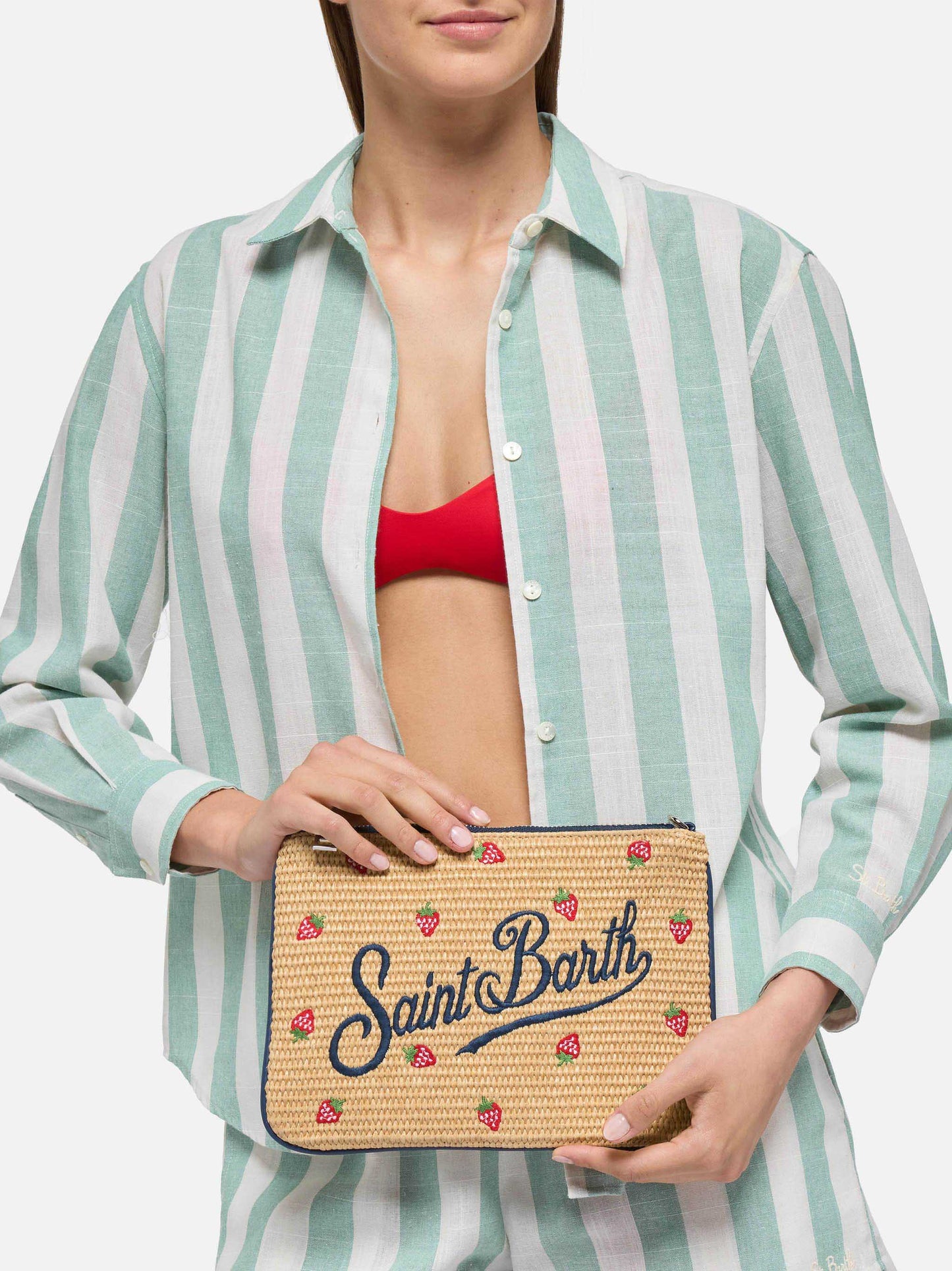 Parisienne Straw effect pouch bag with strawberry print - MC2 Saint Barth