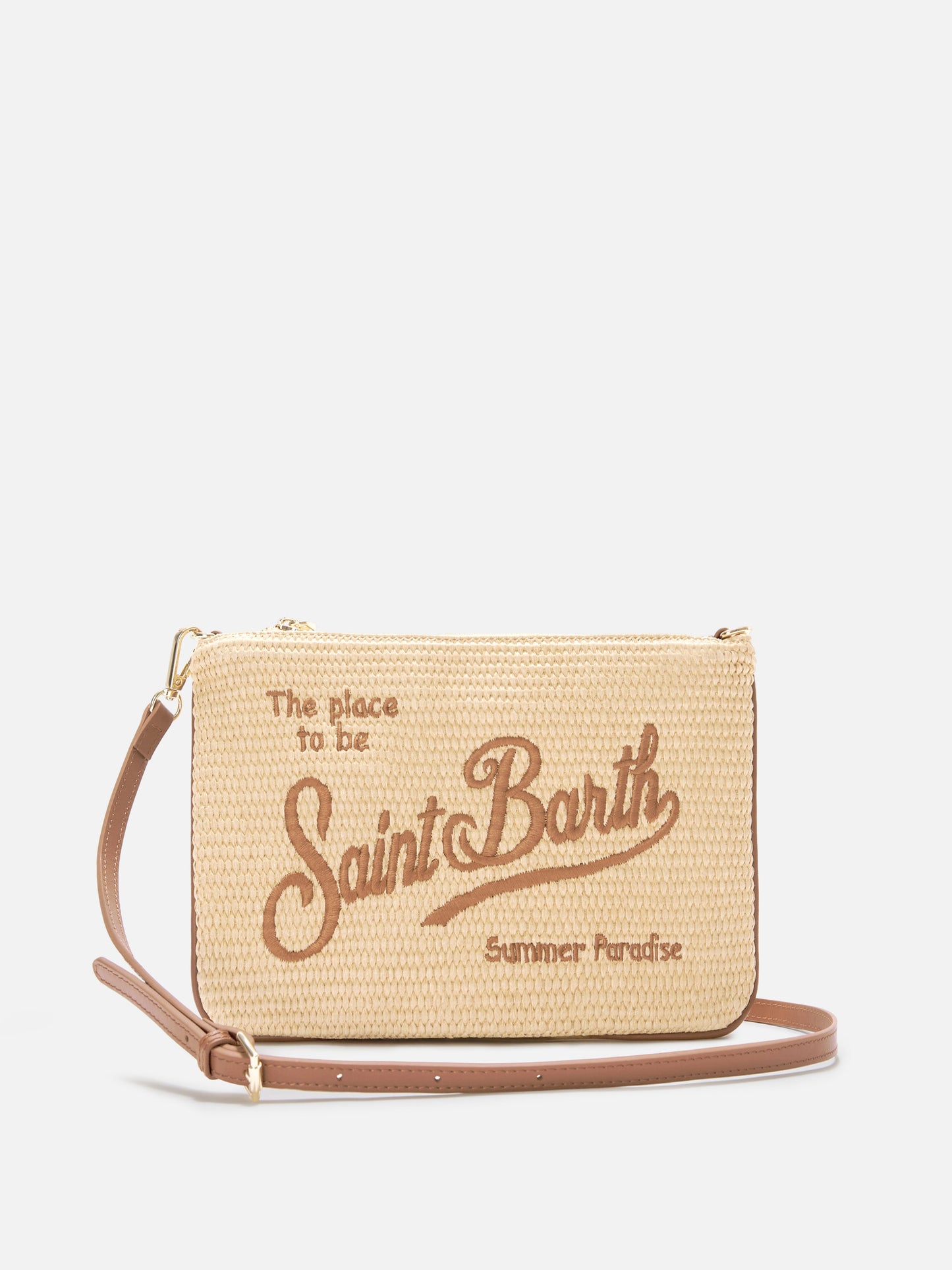 Pochette effet paille Parisienne avec logo marron brodé et bandoulière amovible 