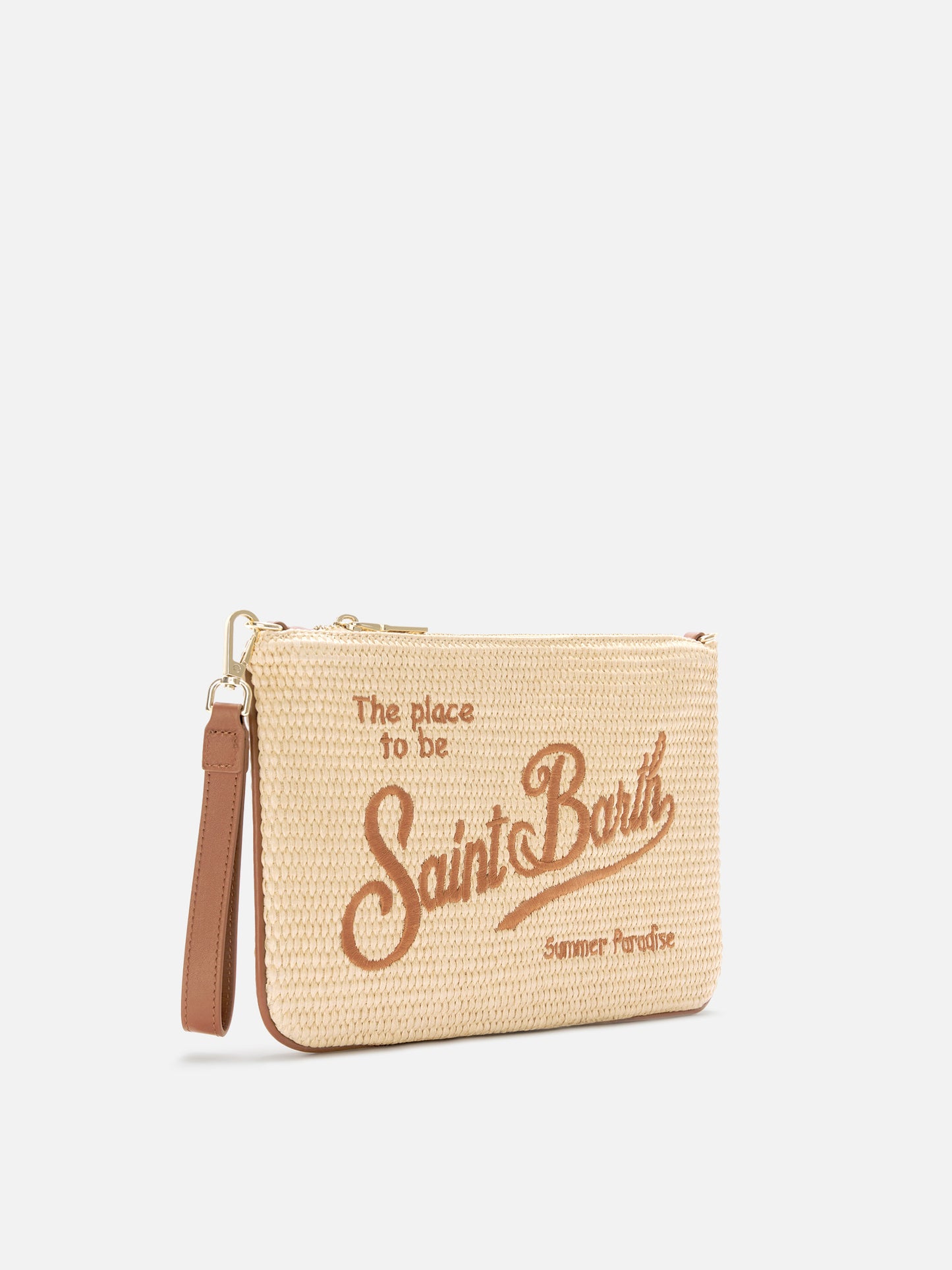 Pochette effet paille Parisienne avec logo marron brodé et bandoulière amovible 