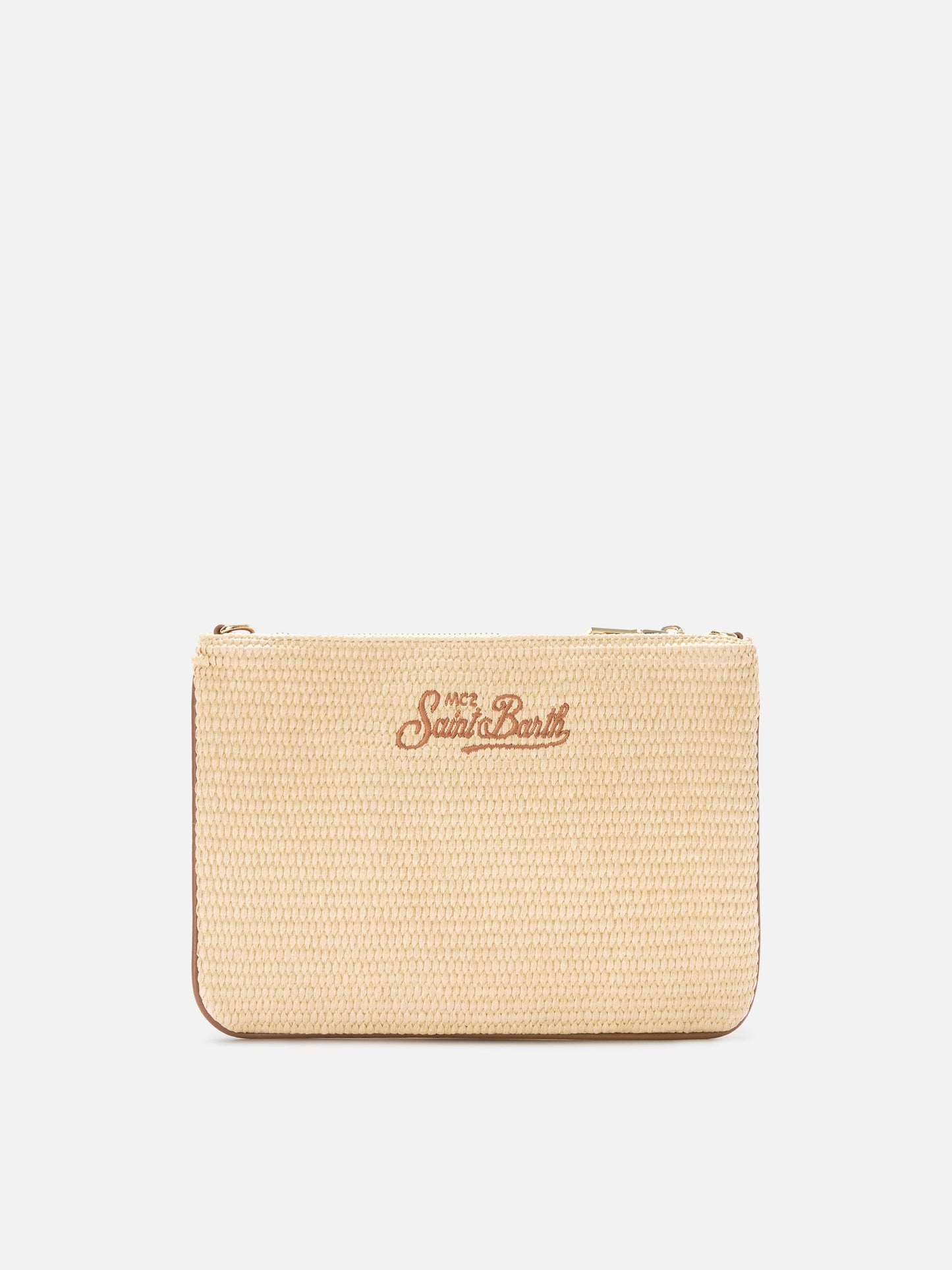 Pochette effet paille Parisienne avec logo marron brodé et bandoulière amovible 